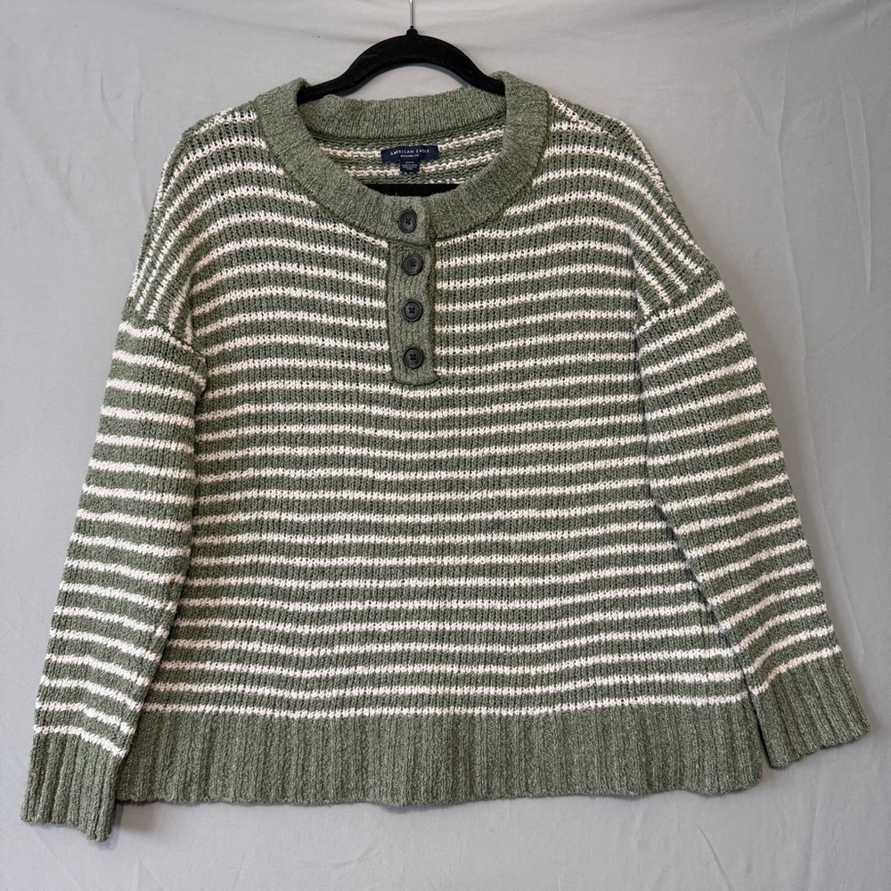 American Eagle Womens Jegging Fit Striped Henley Sweater Size M Green White